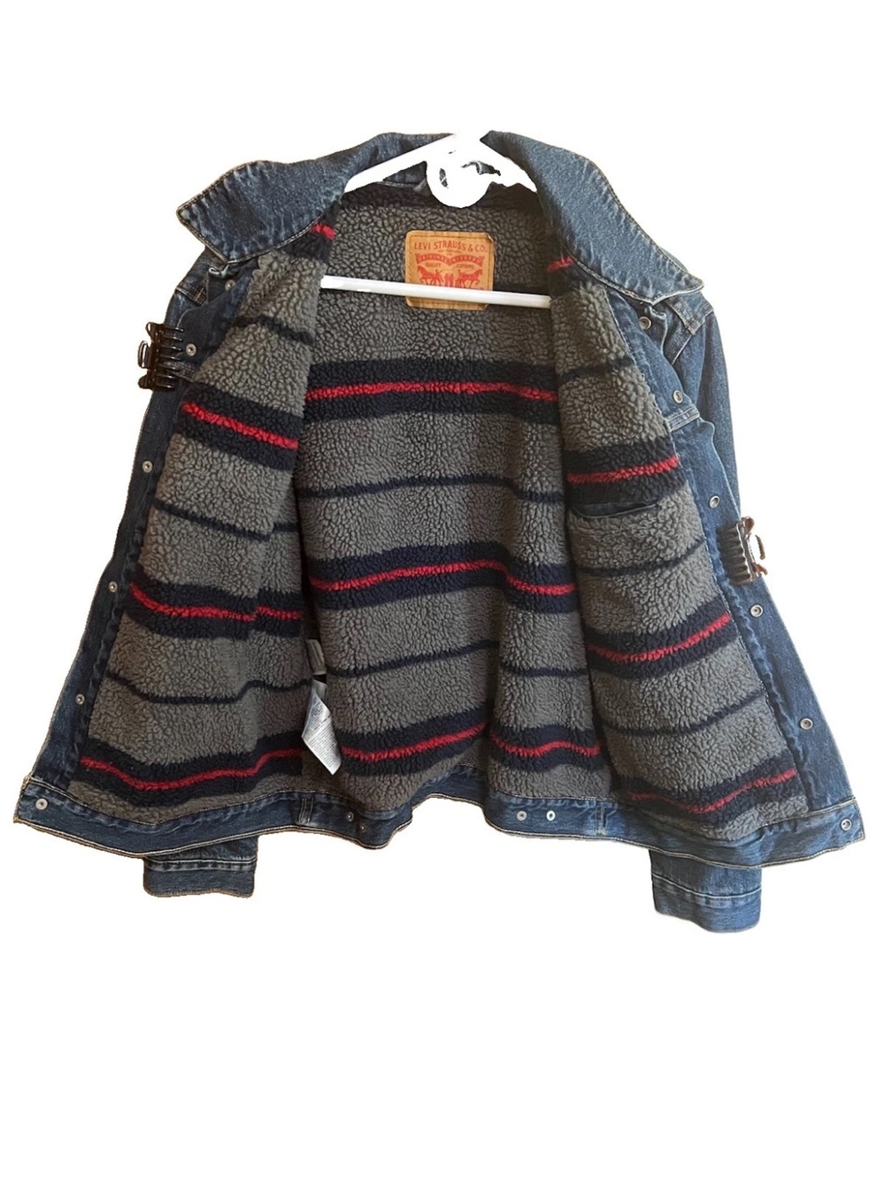 Levi’s 57696-0000 Sherpa Trucker Jacket Men’s L Gray Stripe Blanket Lined EUC